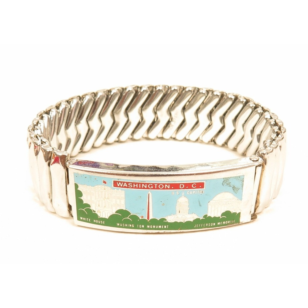 Vintage Washington DC Enamel Silver‎ Plated Expandable Locket Bracelet*Travel